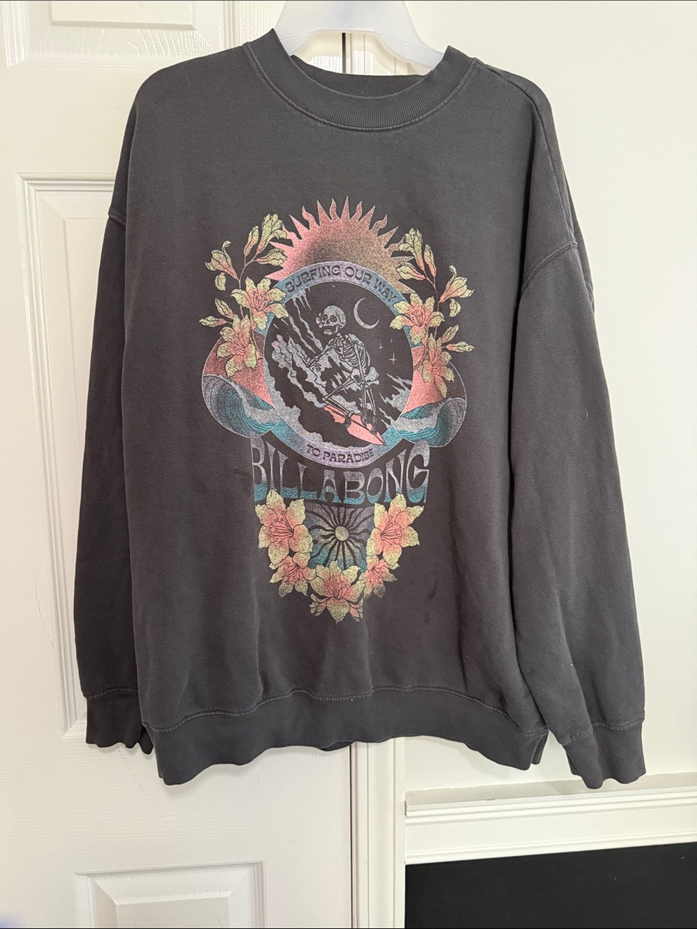 Billabong Black Crewneck Sweatshirt with Pastel Surf Skull Graphic